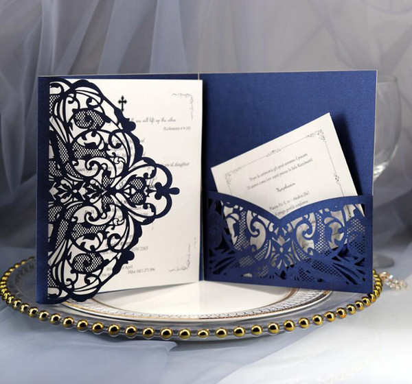 Navy Blue Color Laser Hollow Invitation Customization Invites With Envelope Wedding Accessory Blank Inner Custom Printed 