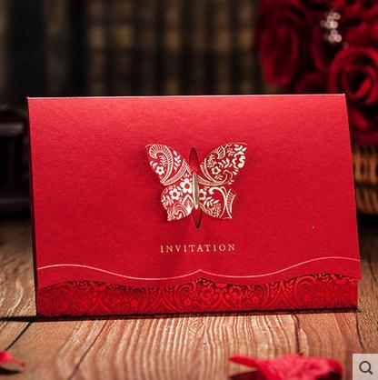 Chinese red wedding invitaitons cards personalized butterful laser cut invitations customized free printing with envelope and seal