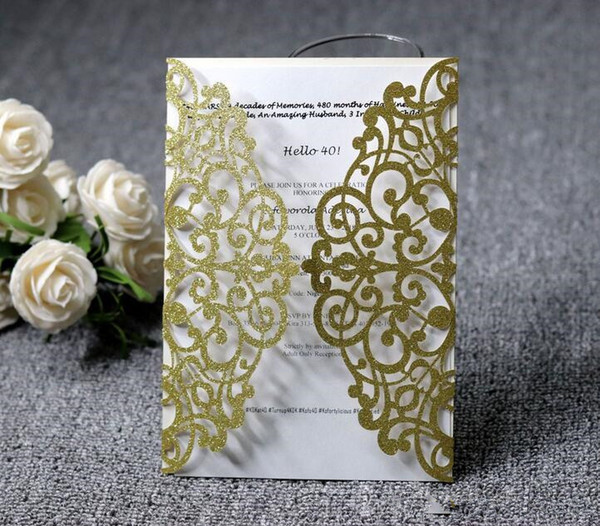 New Rose Gold Glitter Laser Cut Invitations Cards With Beige Ribbons For Wedding Bridal Shower Engagement Birthday Graduation