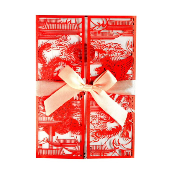 Chinese style Dragon & Phoenix Wedding Invitations Cards Red Laser cut Wedding greeting card for party supply