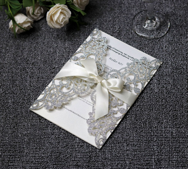 Luxury Silver Glittery Laser Cut Wedding Invitation Cards with White Ribbon Invitations for Bridal Shower Engagement Birthday Graduation