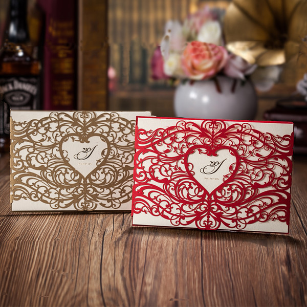 Gold Laser Cut Heart shaped Wedding Invitations cards Hollow folded Invitations Card For wedding Party Supply Free Printing and Customized