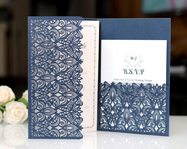 Tri-fold pocket wedding invitations card with rsvp business thank you meeting cards envelope flora modern laser cut invitation paper