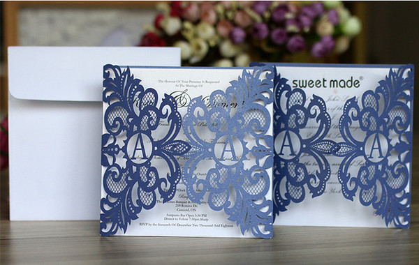 Laser Cut Hollow Flower Wedding Invitation Cards Luxury Blue Personalized Printable Wedding Party Invitations Card with envelope