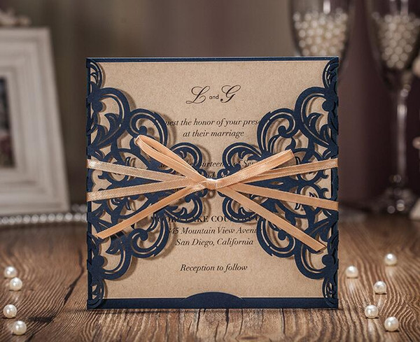 luxury laser cut wedding invitations customized printing Navy Hollow Flower Party invitation cards