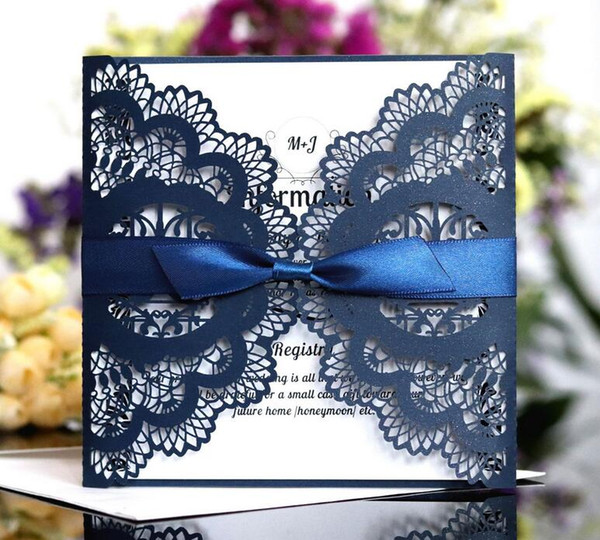 Vintage Lace Wedding Invitation Cards Laser Cut Hollow Flowers Personalized Ribbon Bow Knot Wedding Invitations Cards With Envelope