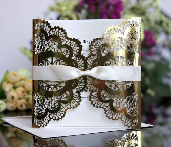 IN STOCK Colored Glitter Laser Cut Wedding Invitations Cards with Bowtie Ribbons for Wedding Bridal Shower Engagement Birthday Graduation