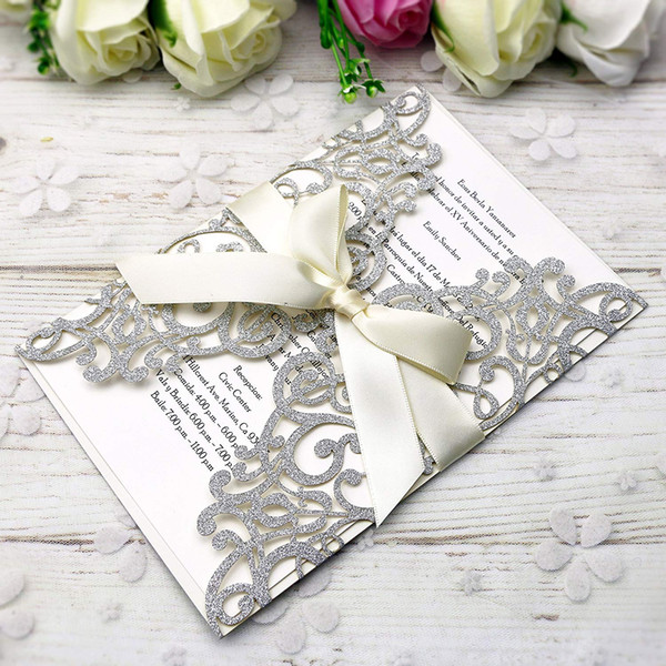 New Style Silver Glitter Invitations Cards With Beige Ribbons For Wedding Bridal Shower Engagement Birthday Graduation