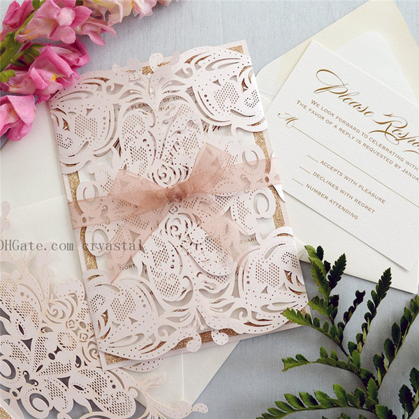 MELISSA ROSE GOLD Glitter - Blush Laser Cut Wedding Invitation with Rose Gold Glitter and Sheer Ribbon - Elegant Laser Cut Invite