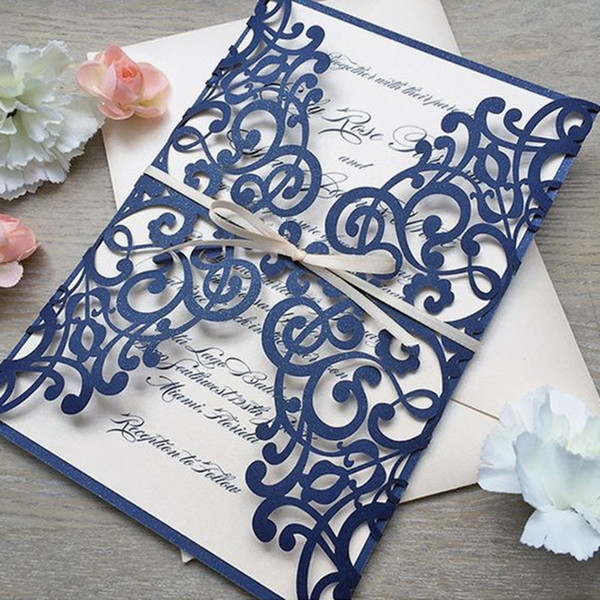 Navy blue wedding invitations cards lace decorated flower laser cut with insert envelop elegant party invitation