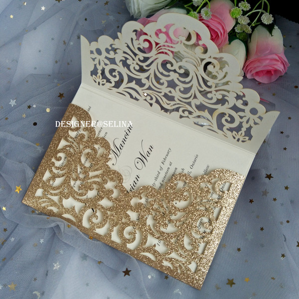 Cordially Inviting - Rose Gold Glitter Pocket Wedding Invitations Full Laser Cut Invitation for Quinceanera Anniversary Greeting Cards