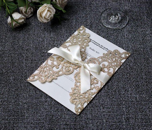 On Sale Champagne Glitter Laser Cut Invitations Cards with Ivory Ribbon For Wedding Bridal Shower Graduation Anniversary Engagement Invites