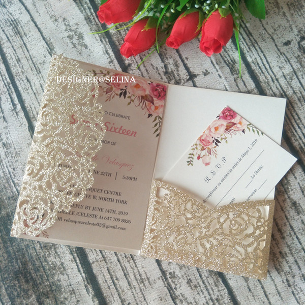 Flower Sparkles Champagne Glittery Laser Cut Pocket Fold with Floral Patterned Wedding Invitation with RSVP Card, Invitations for Party