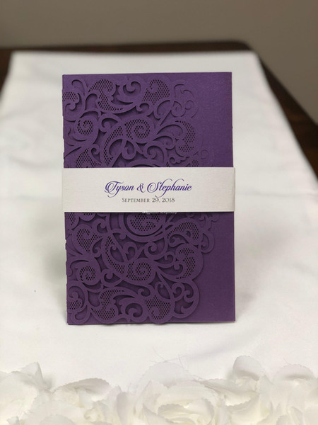 Shimmy Purple Laser Cut Pocket Wedding Invitation Suites, Customizable Sweet Heart Invites with RSVP Card, Shipped by DHL