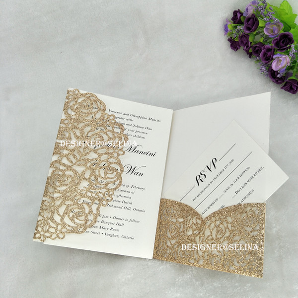 Luxury Rose Gold Glittery Laser Cut Quinceanera Invitation with RSVP Card Silver Gold Champagne Wedding Invitations 