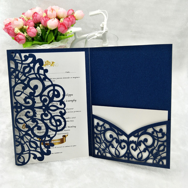 Navy Blue Shimmer Laser Cut Trifold Pocket Wedding Invitations with RSVP Card, Invites for Graduation Birthday Party 