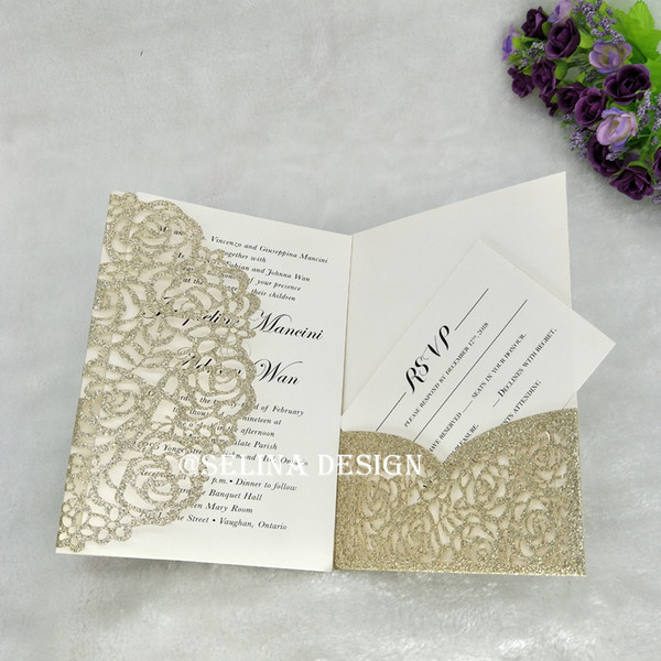 Luxury Champagne Glitter Laser Cut Pocket Invitations Cards with RSVP Card and Envelope for Wedding Bridal Shower Engagement Birthday