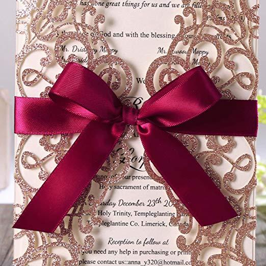 New Rose Gold Glitter Laser Cut Invitations Cards with Burgundy Ribbons For Wedding Bridal Shower Engagemen
8000
t Quinceanera Graduation