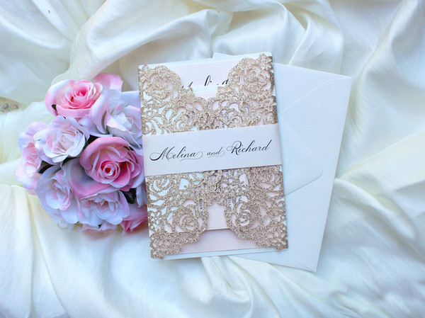 Gold Laser Cut Invite for Wedding, Rose Gold Laser Cut Gatefold Glitter Wedding Invitations with Belly Band Free Printing 