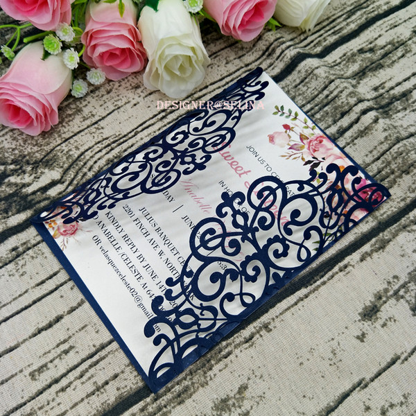 Navy Blue Laser Cut Fold Wedding Invitation, 20+Color Customized Invitations for Bridal Shower Quinceanera La 15 Anos Dinner Invites