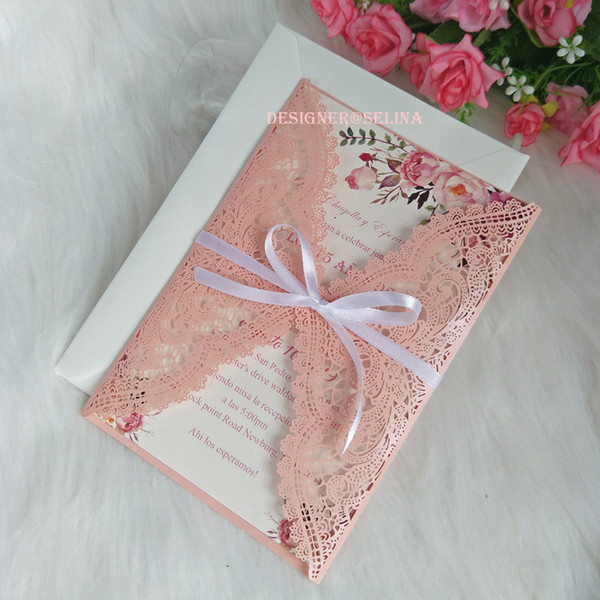 Pink Lace Floral Invitations with White Ribbon for Wedding Bridal Shower Engagement Quinceanera 20+Color DIY Birthday Dinner Invites