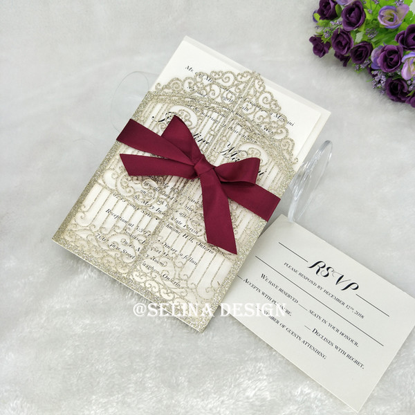 Champagne Glitter Gate-fold Laser Cut Wedding Invites With Burgundy Bow and Envelope, DIY Invitations Customizable Printing, 