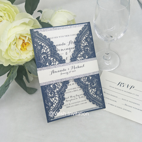 Lace Navy Blue Wedding Invitations Silver Bottom with Glitter Belly Band, Evening Dinner Party Invitations Laser Cut Invites