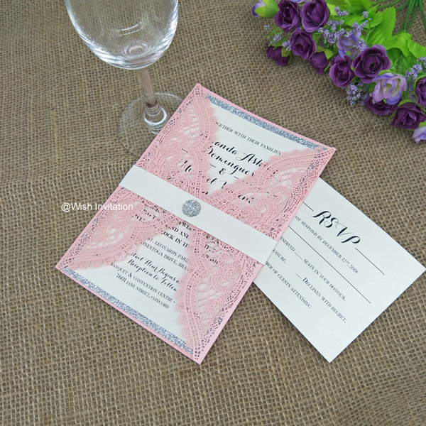 Blush Pink Laser Cut Silver Glitter Button Wedding Invitations with Belly Band Lovely Floral Bridal Shower Wedding Invites