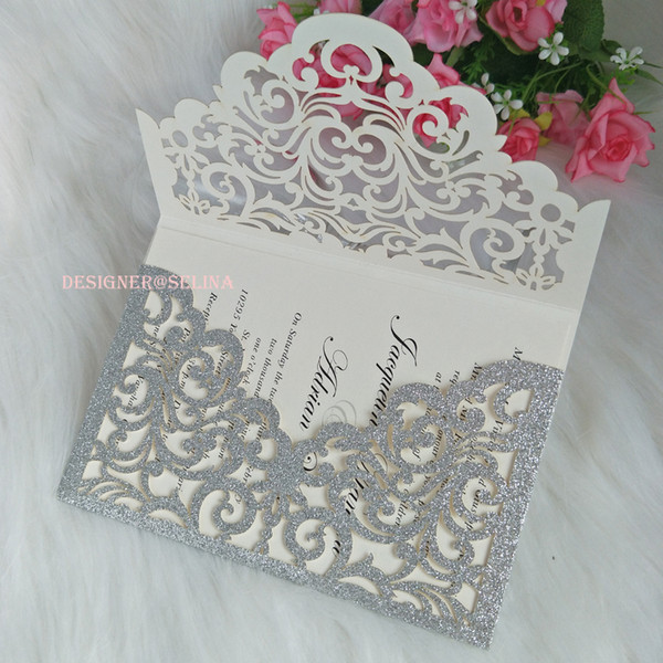 Cordially Inviting -Silver Glitter Pocket Wedding Invitations Full Laser Cut Invitation Jacket for Quinceanera Sweet 16th Birthday