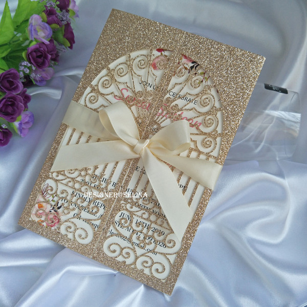 Rose Gold Glitter Happy Gate Laser Cut Wedding Invitations with Beige Ribbon Champagne Silver Blue Bridal Shower Evening Party Quince Invite