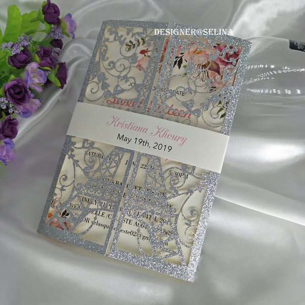 Silver Glitter Laser Cut Quinceanera Invitation with Cream Belt Gold Blue Champagne Wedding Invitation, Invitations for Sweet 15 Sweet 16