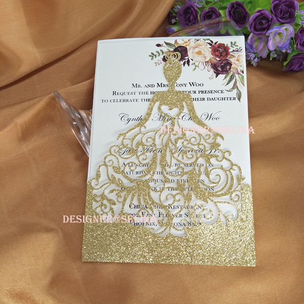 Gold Glitter Quinceanera Invitations Girl Princess Invites Laser Cut Invitation for Sweet 15 Sweet 16 Birthday Graduation