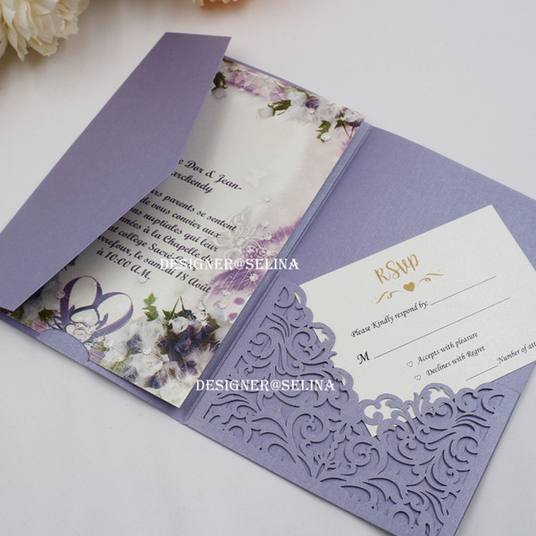 Lavender Trifold Pocket Wedding Invitations Laser Cut First Holy Communion Invitation with RSVP Card Quinceanera Invites