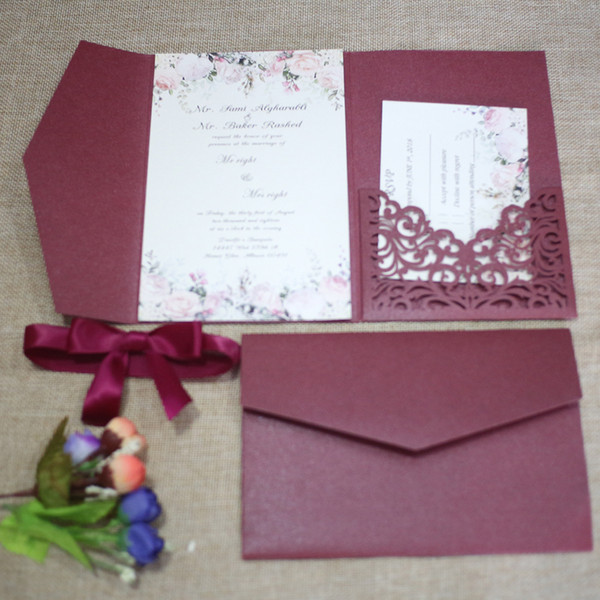 Cordially Inviting, Burgundy Shimmy Laser Cut Sleeve With Classic Invitation And Bow, Free Shipped by DHL