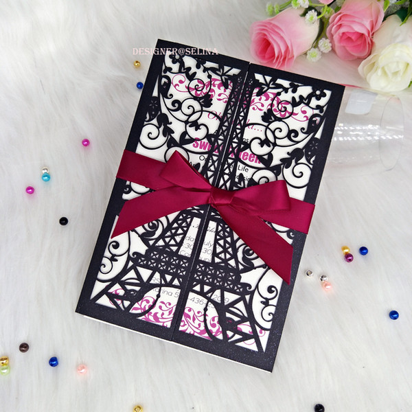 Black Shimmy Eiffel Tower Laser Cut Invitation Cards for Quinceanera Sweet 15th Birthday Graduation Invites with Ribbon Greeting Cards