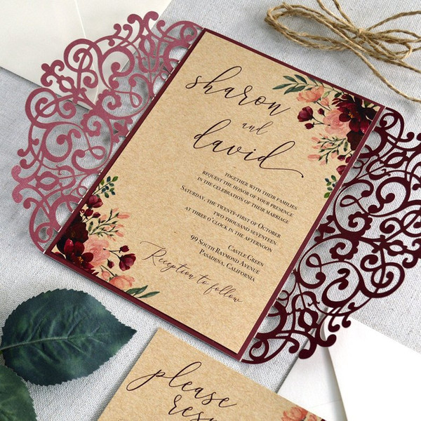 Burgundy and Craft Ppaer Inner Sheet Laser Cut Wedding Invitation with Rope, DIY Invites for Celebration Party