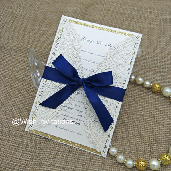 Elegant Lace Wedding Invitations with Gold Button and Navy Blue Bow Laser Cut Bridal Shower Wedding Invites Free Printing 