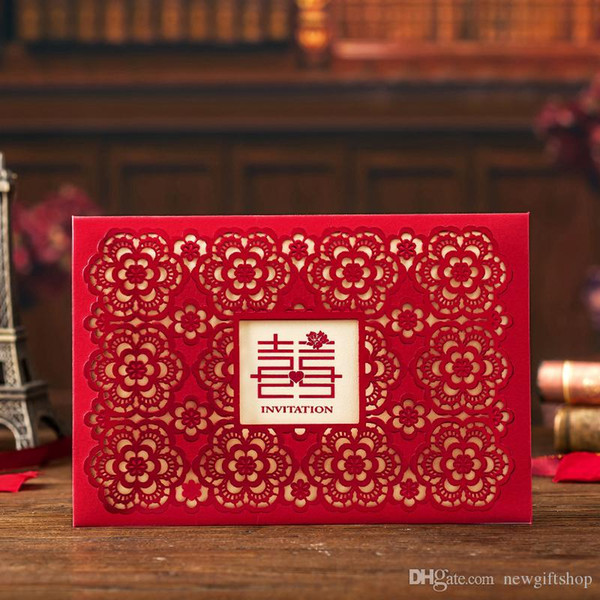 Red Chinese Traditional Xi Wedding Invitation Card with Envelope+Seal 50 set/lot Laser Cut Bridal Party Invitations Printable