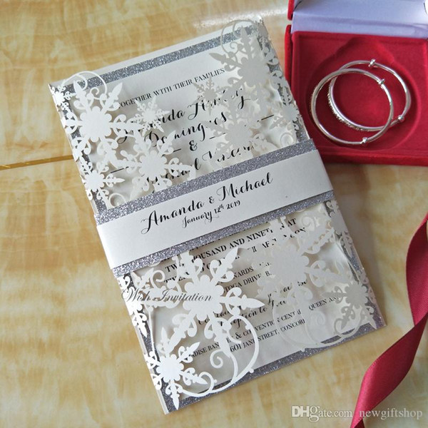 Ivory Shimmy Snowfake Laser Cut Wedding Invitation Cards with Silver Glitter Belly Bands Bride Shower Invites Free Printing