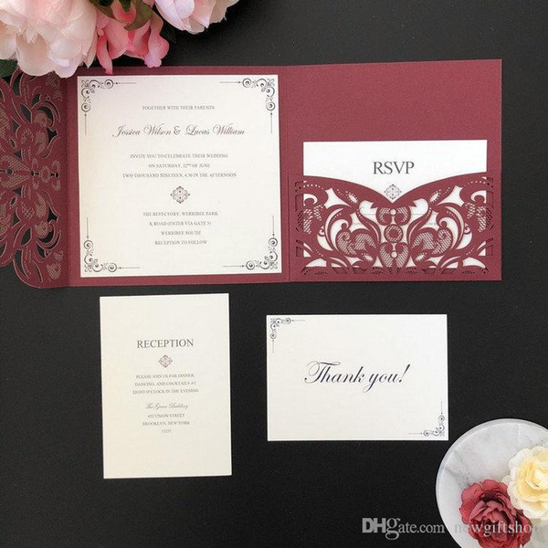 Burgundy Shimmer Square Laser Cut Wedding Invitation DIY Wedding Party Invites with RSVP Card FREE PRINTING