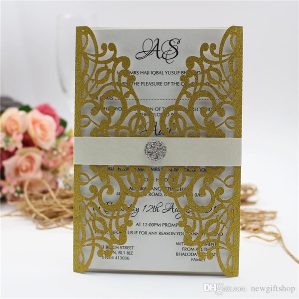 Luxury Gold Glitter Laser Cut Wedding Invitation with Diamond Belt Bridal Shower Invites with Envelope Free Printing 