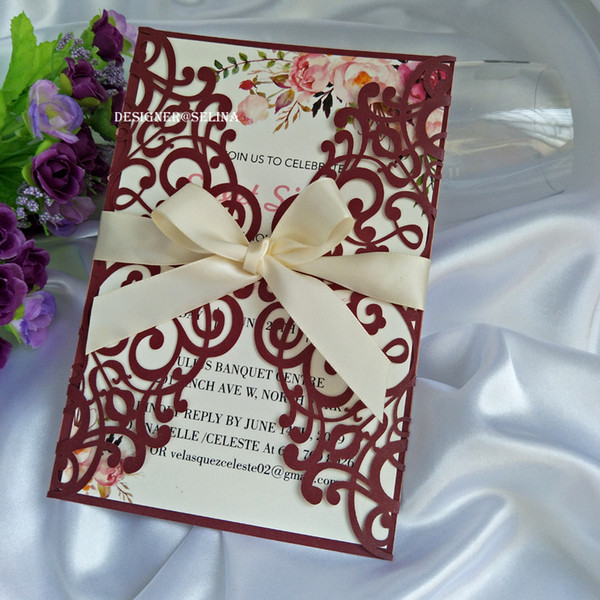 Elegant Burgundy Laser Cut Invitations Cards with Beige Ribbons For Wedding Quince Sweet 15th Birthday Party Wedding Invitations