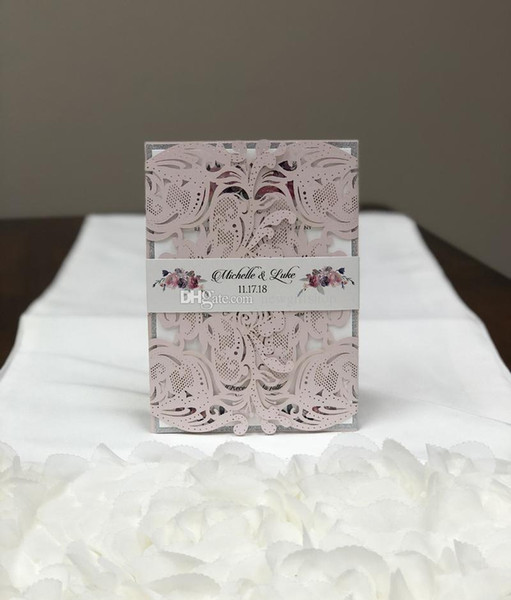 Gorgeous Blush Silver Laser Cut Wedding Invitation Light Pink Shimmer Dinner Invites with Belly Band Free Printing by DHL