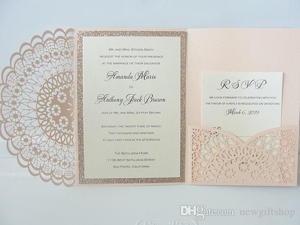 Gorgeous Pink Shimmer Laser Cut Wedding Invitations Rose Glitter Pocket Wedding Invitation Laser Cut Jacket with Belly Belt and Tag 20+color