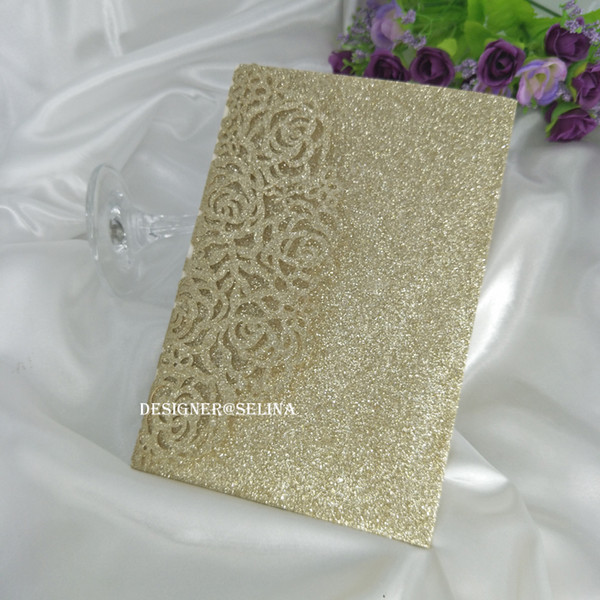 Luxury Champage Glitter Laser Cut Trifold Pocket Wedding Invitations Silver Gold Sweet 16 Birthday Quinceanera Party Invites Cover