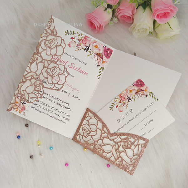 Romanic Blush Pink Spring Flower Glitter Laser Cut Pocket Wedding Invitation Kits, Engagement Invites with RSVP Card Free Shipped by DHL