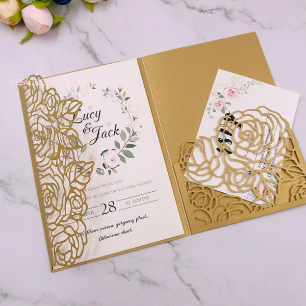 Gold Pocket Wedding Invitations, Die Cut Shimmer Trifold Invitations Cards for Quince Engagement Bridal Shower With RSVP Card by DHL