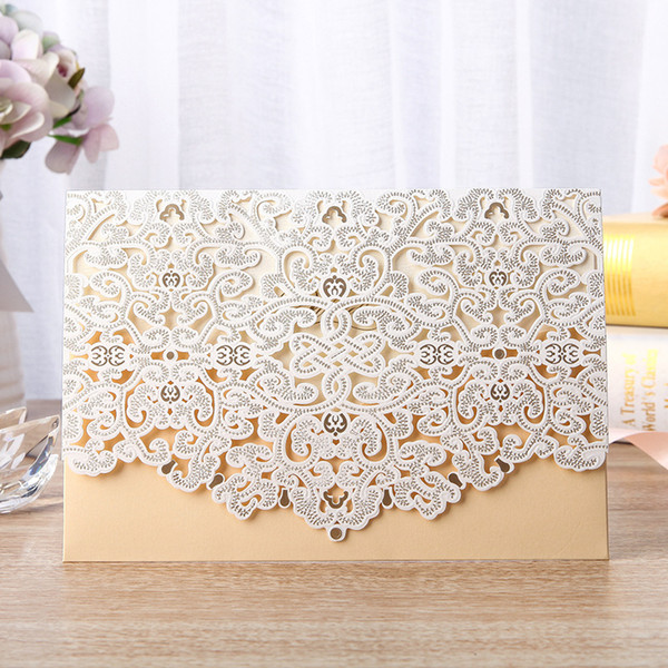 Wedding Invitation Bowknot Laser Cut Embossed Flower Pocket Folded Invitation Cards for Bridal Shower Engagement Quince 