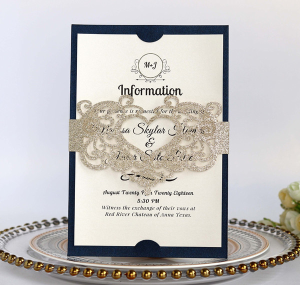 Modern Gold Silver Glitter Monogram Laser Cut Belly Band Wedding Invitations with Insert And Envelope 