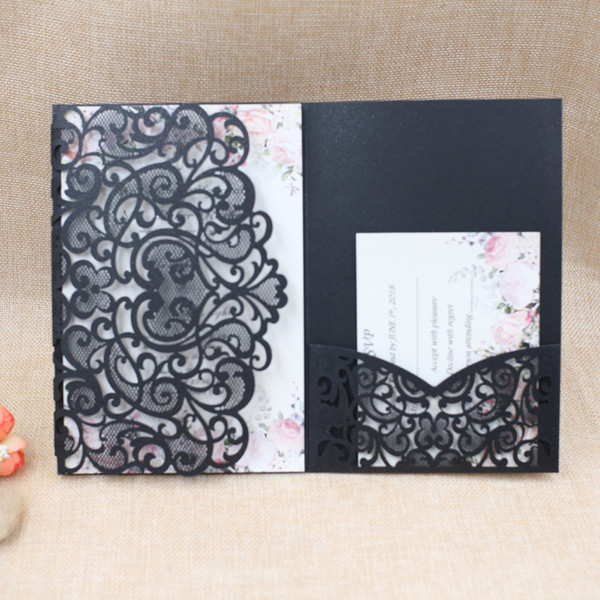 Black Laser Cut Wedding Invitations with Color Printing And RSVP Card, Provide Free Printing, 